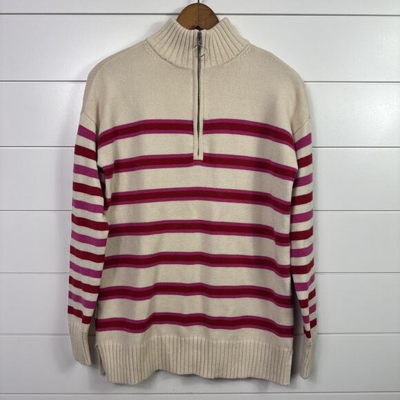 LOFT Striped 1/4 Zip Pullover Sweater Cream Pink Red sz XS - Picture 1 of 7